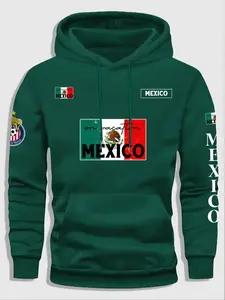 Mexican Flag Print Fleece Hoodie, Casual Pullover with Kangaroo Pocket, Fall & Winter Streetwear Perfect Choice