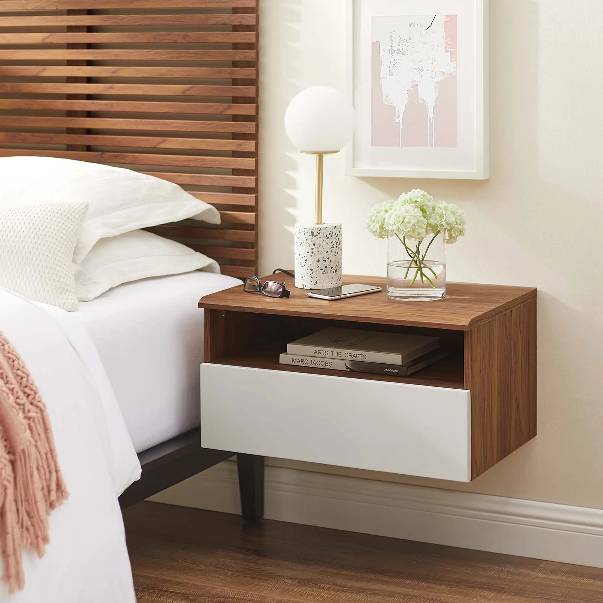 Modern Nightstand, Envision Wall-Mount Nightstand in Walnut White, Elevated Bedroom Furniture, Engineered Wood Bedroom Furniture