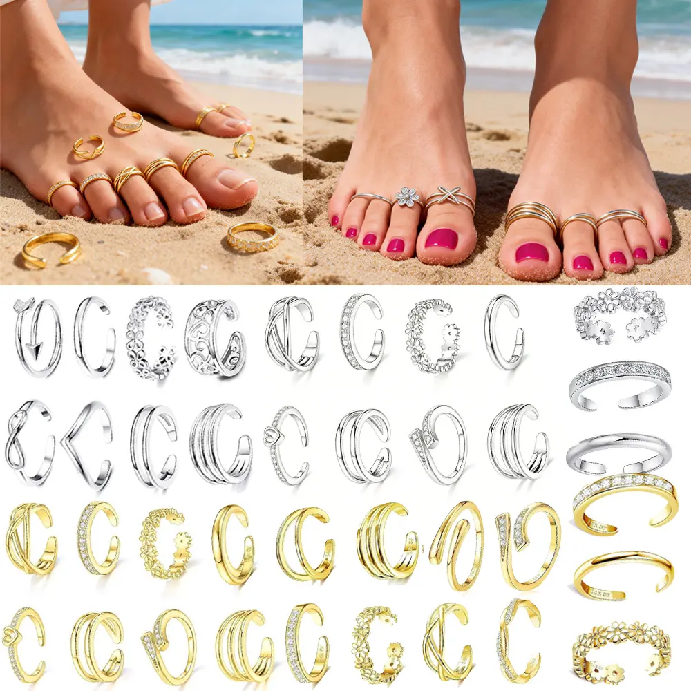 14K Gold Plated/925 Silver Plated Toe Rings Set - 3Pcs/6Pcs/12Pcs - Bohemian Luxurious Women Stackable Toe Ring Open Adjustable Inlaid Cubic Zirconia Sexy Summer Vacation Travel Beach Jewelry Flower/Heart Hollow Rings