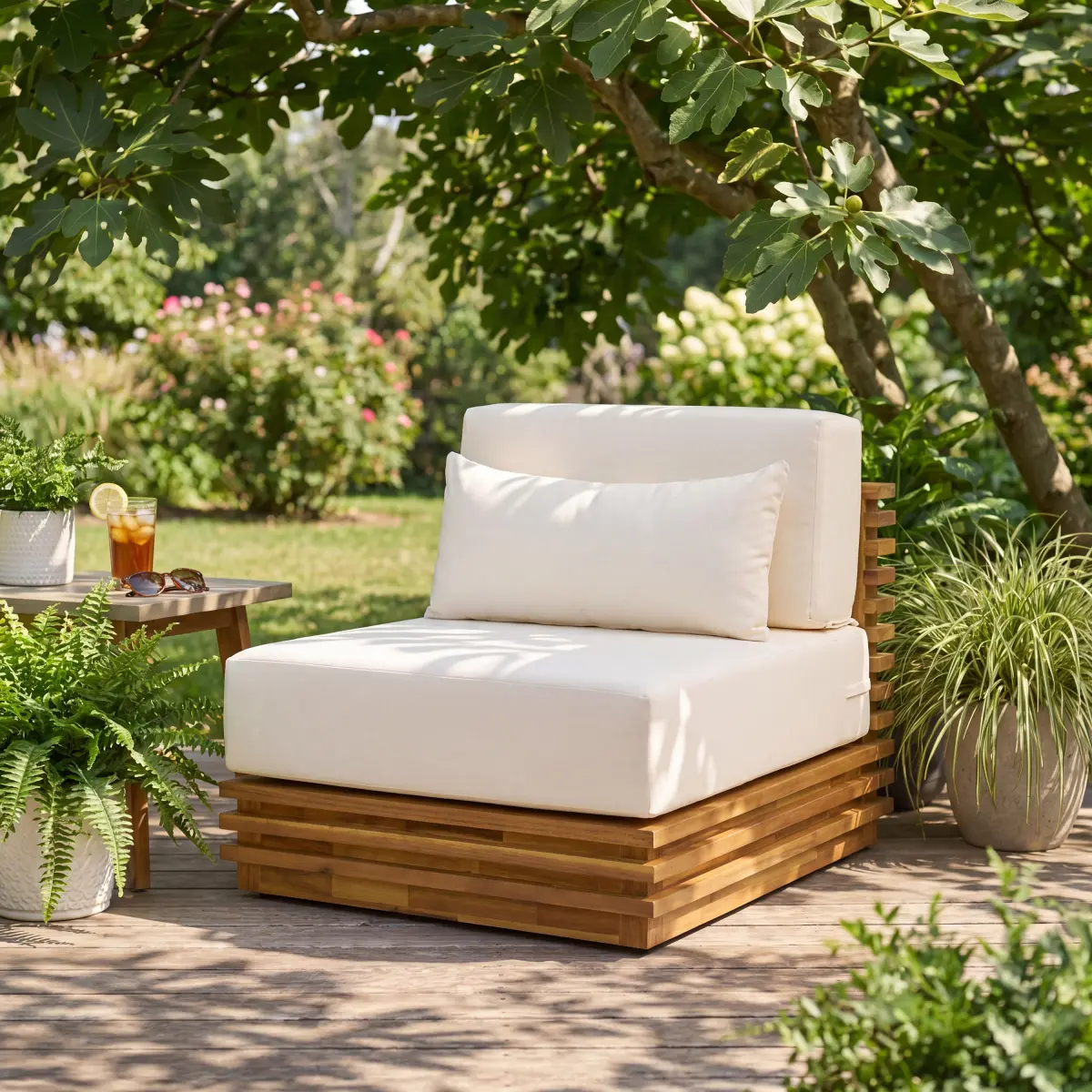 Oversized Outdoor Club Chair - Sturdy Acacia Wood Frame, Natural Finish, Beige Cushion with High-Density Foam, Durable Outdoor Seating, Ideal for Reading, Assembly Required, 35.04" W x 38.78" D x 25.20" H, 61.73 lbs, Architectural Silhouette, Layered Cush