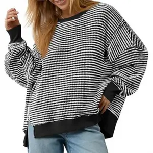 2025Women'sAutumnOversizedSweatshirtCasualWaffleKnitLongSleeveCrewNeckSlitPulloverTunicTopClothingFashionWomen'sBlackLooseKnitSweaterParkerStandCollarSpiderPatternZipperSoftStripedFabricBreathable2025