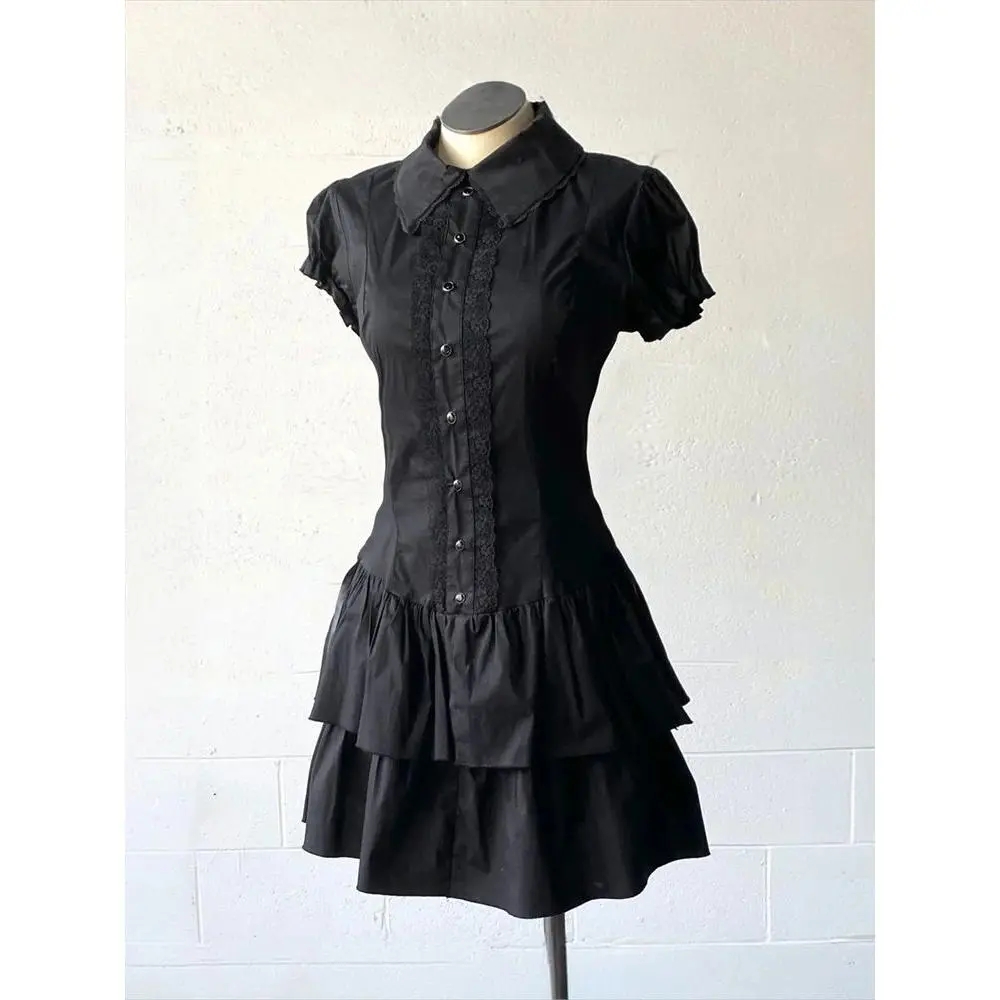 2000s Goth Slim Womens Dresses Punk Y2k Vintage Lace Short Sleeve Mini skirt Streetwear  Aesthetics Harajuku Polo Hot Girl 2000s Dress Casual Womenswear