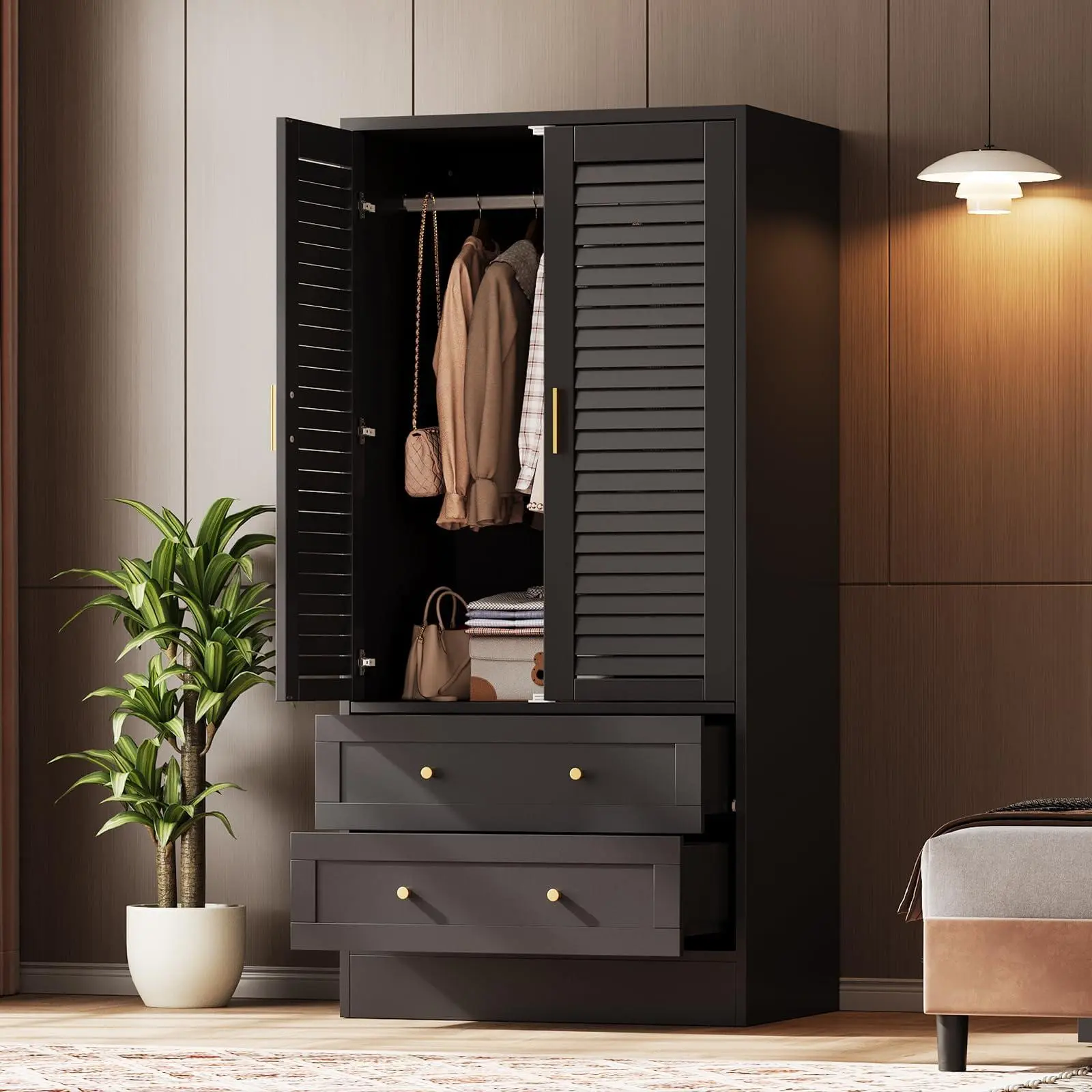 GAOMON Louvered Wood Armoire Wardrobe Closet (64.96"H x 31.50"W x 21.65"D) - 2 Doors, 2 Drawers, Hanging Rod, Slide Rails, Magnetic Locks, Anti-Tip Base, Connection Buckles, Clothing Storage for Bedroom, Laundry Room, Black, Stable