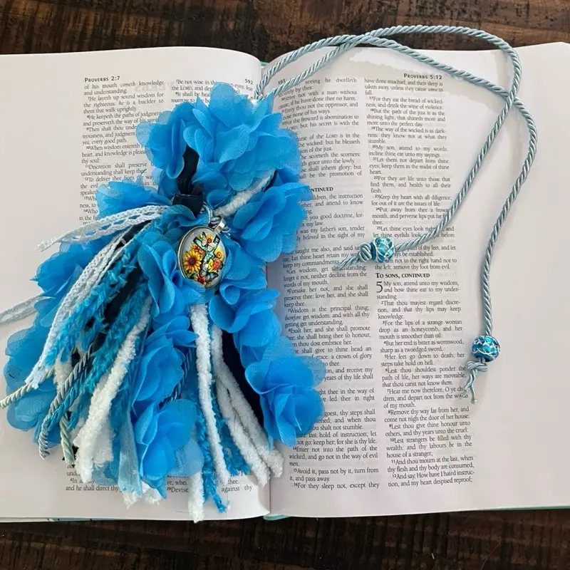 Bible Tassel Bookmark with Blue Floral Design and Beaded String Accents for Reading Convenience