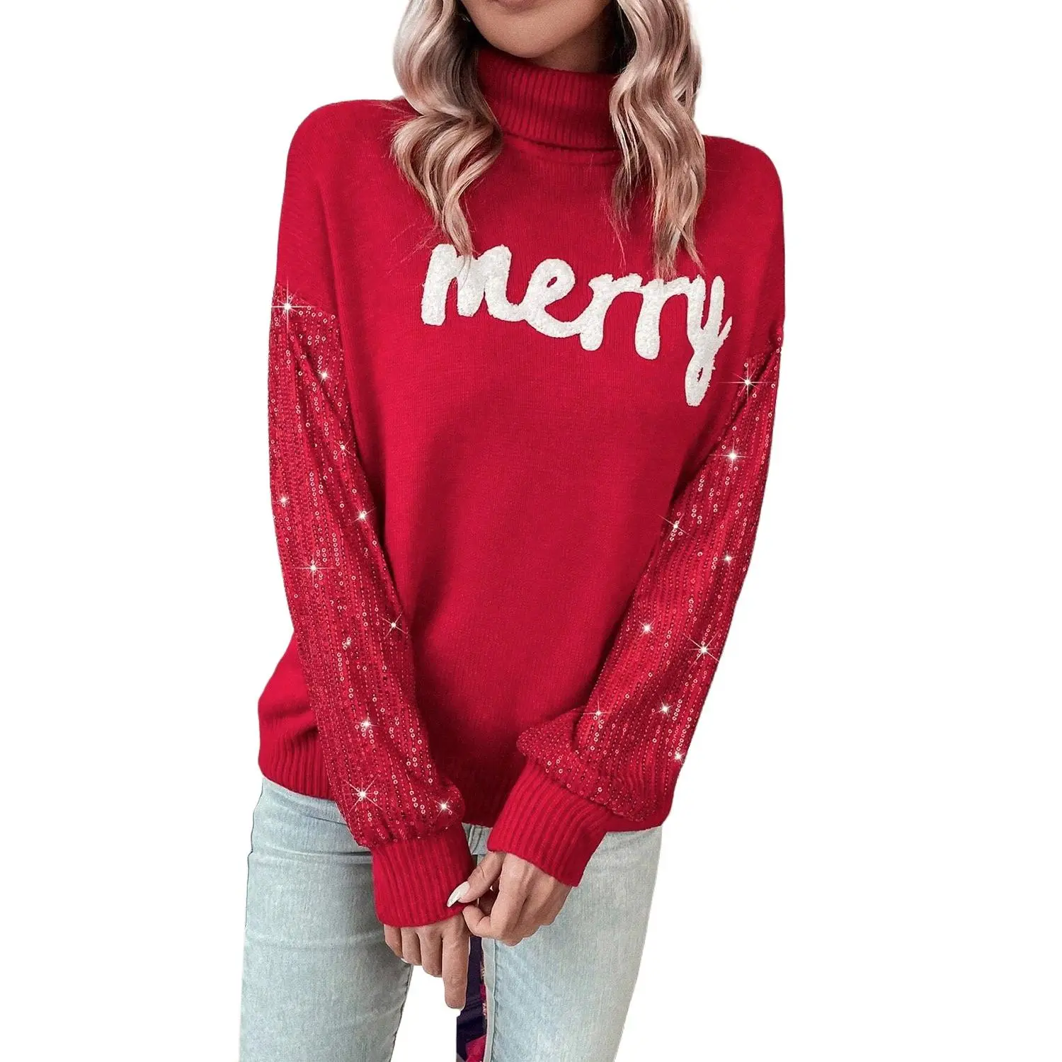 Women's Racing Red Merry Graphic Turtleneck Sweater with Sequin Sleeves
