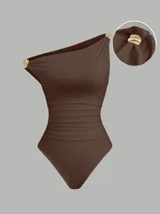 Elegant Metal Buckle Off-Shoulder Fitted Bodycon Dress, Women's Slim Fit Tight-Fitting Top, Stylish and Comfortable Fashion Piece