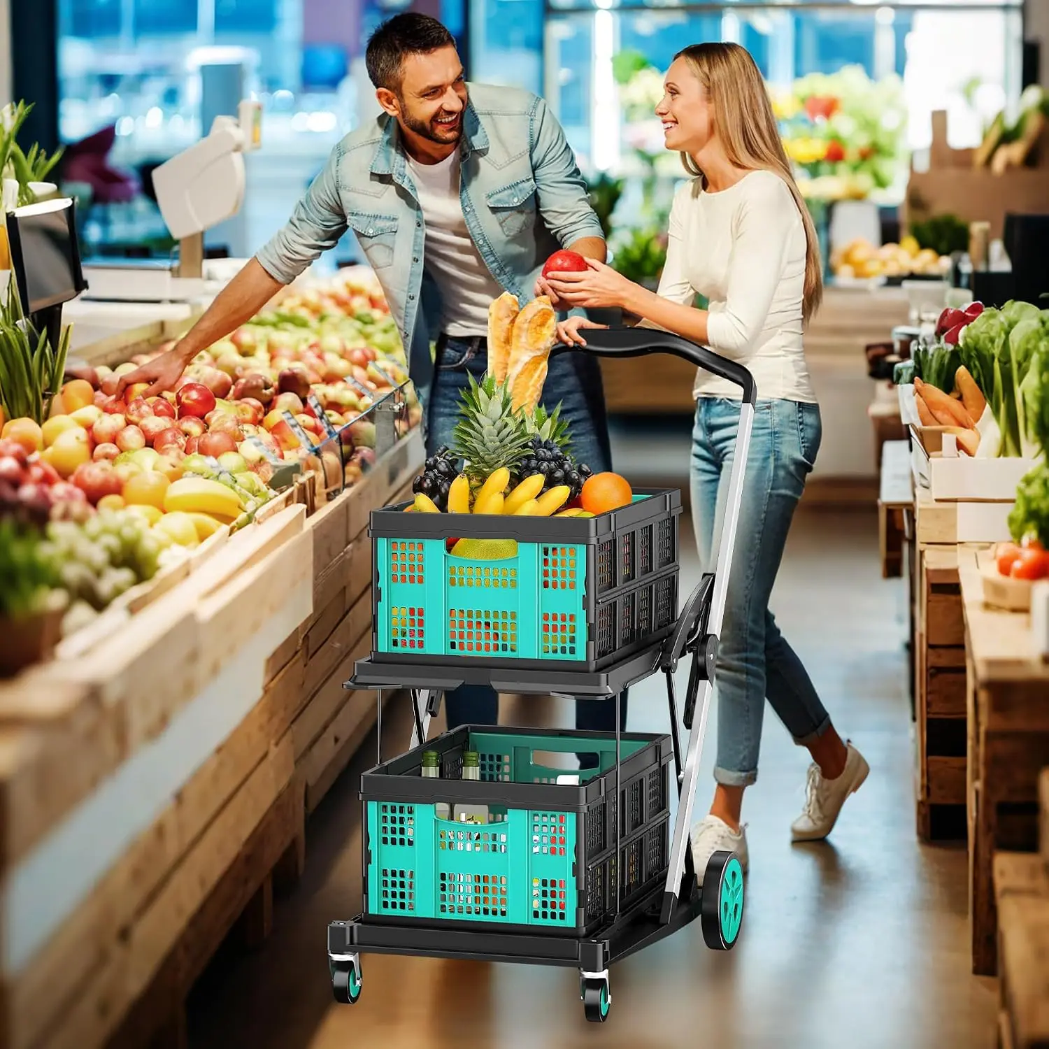 Collapsible Utility Shopping Cart, 8-in-1 200LBS Multi-Functional Cart with 2 Storage Crates