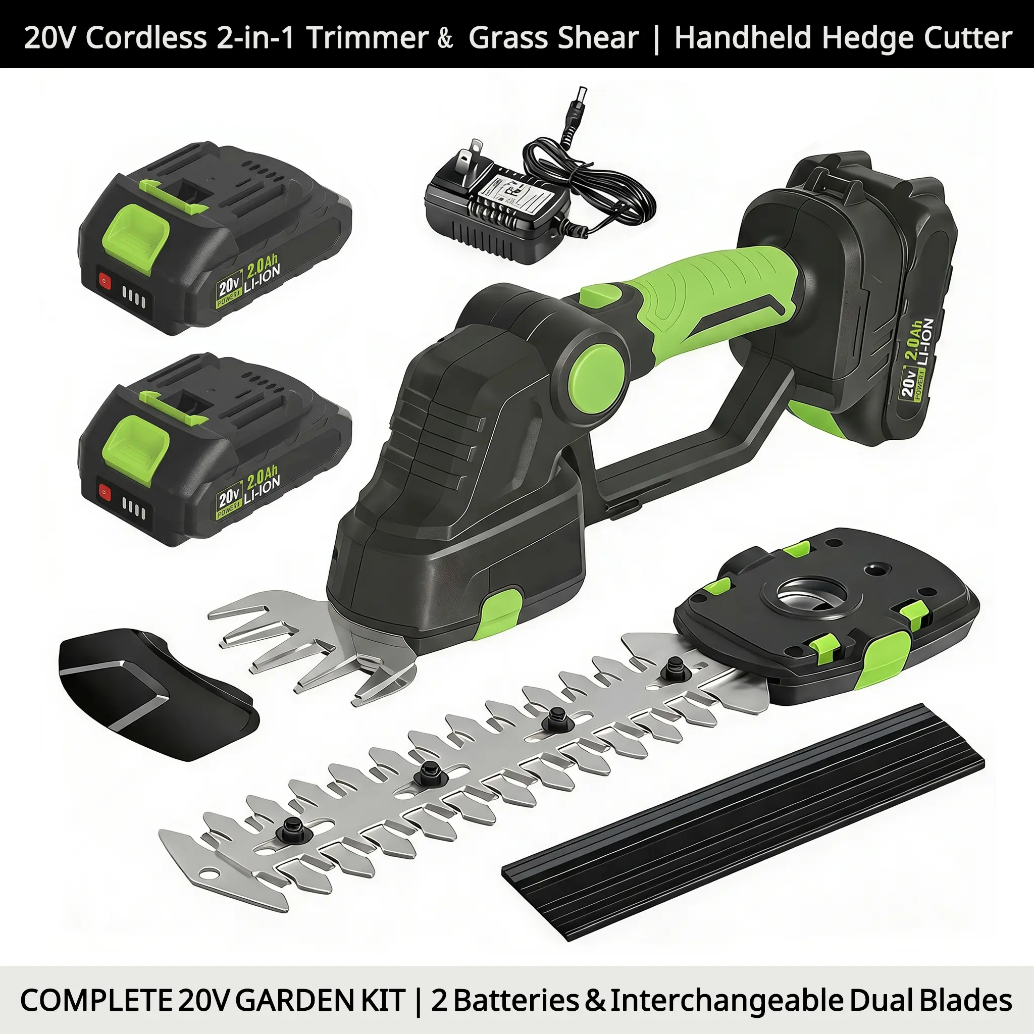 20V Cordless 2-in-1 Grass Shear & Shrub Trimmer, Handheld Electric Pruning Tool, 2-Pack 2.0Ah Rechargeable Batteries, Type-C Charging, Lightweight for Lawn Garden Maintenance