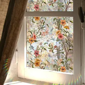 1pc Static Adhesive Colorful Glass Window Film, Floral/leaf Design, Rainbow Prism Privacy Membrane, Insulated and UV-Protective, Home Office Decor Sticker Decoration