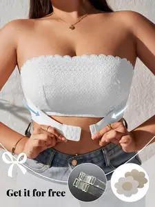 Plus-Size Women's comfortable wireless bandeau bra with double hook-and-eye buckle closure at the front and back for easy wear, suitable for pairing with dresses and everyday wear