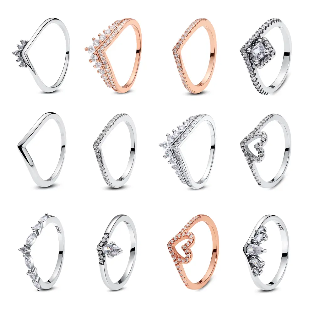 FASHION - Plated Silver Wishbone Crown Love Heart Rings For Women CZ Stackable Wedding Engagement Luxury Designer Jewelry Birthday Gift