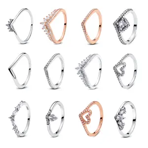 FASHION - Plated Silver Wishbone Crown Love Heart Rings For Women CZ Stackable Wedding Engagement Luxury Designer Jewelry Birthday Gift