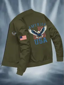 Men's American Flag & Eagle Print Fitted Baseball Jacket Coats, Casual Zipper, Ribbed Cuffs, Polyester, Winter Wear