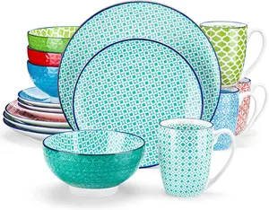 vancasso Macaron Dinnerware Set 16 Pieces Porcelain Dinner Set - Service Mediterranean Crockery with Dinner Plate, Dessert Plate, Cereal Bowl and Mug, Service for 4 People Tableware