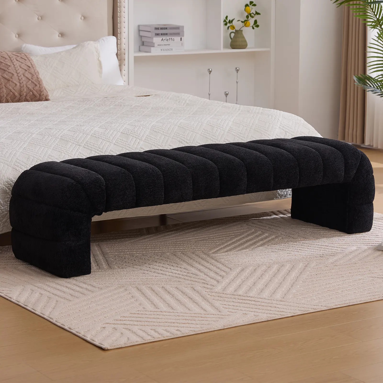 69.7" Ottoman Bench, Teddy Upholstered Queen Size End of Bed Bench, Channel Tufted Entryway Bench with Cushion, Long Bedroom Bench, Window Bench Seat for Entryway, Living Room