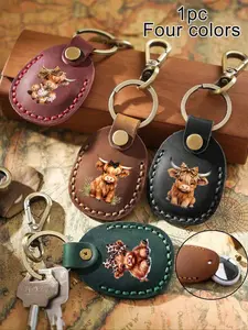 Leather Keychain With Highland Cow Pattern, Portable Handmade Leather Keychain With Key Ring, Full-Coverage Protective Case, Compatible With 2021 Airtags,Pu Leather Material, Compact And Portable, For Airtags Keychains, With Key Ring Protective Case.