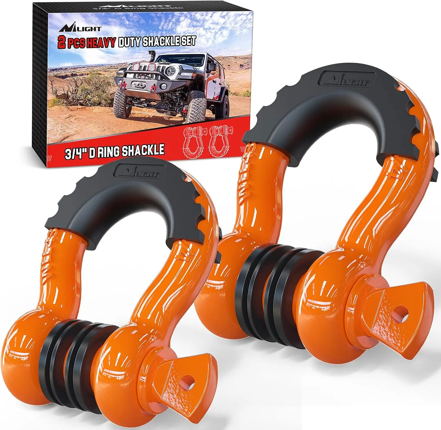 Nilight 2-Pack Heavy-Duty D-Ring Shackles (3/4" Size, 7/8" Pin, 4.75 T/9500 Lbs Towing Capacity) with Isolators, Washer Kit & Orange Vibration-Dampening Hardware for Jeeps, Trucks