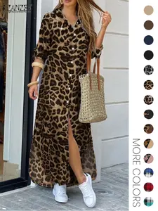 Women's Leopard Print Button Front Flap Pocket Shirt Dress, Casual Curved Hem Long Sleeve Collared Long Dress for Daily Wear, Ladies' Clothes for All Seasons