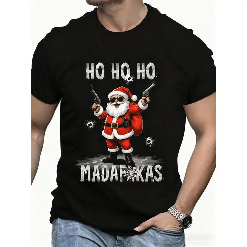 Men's 3D Printed Santa Claus Guns & "HO HO MADAFAKAS" Graphic T-Shirt - Edgy Christmas Humor, Black Casual Short Sleeve Round Neck Summer Top, Machine Washable Bold Statement Tee for Parties & Casual Attire zzh66