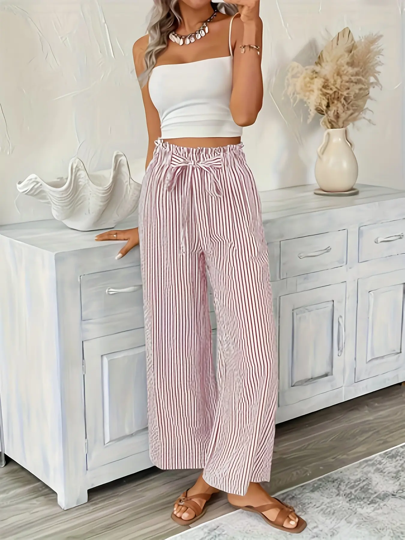 Spring Summer New Loose Women's Striped Wide Leg Adjustable Elastic Waist Drawstring Pants, Casual Elegant Straight Tube Pants, Fashionable Ladies' Clothing, Drawstring Trousers, Casual Fashion Bottoms