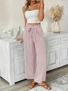 Spring Summer New Loose Women's Striped Wide Leg Drawstring Pants, Casual Elegant Straight Tube Pants, Fashionable Ladies' Clothing