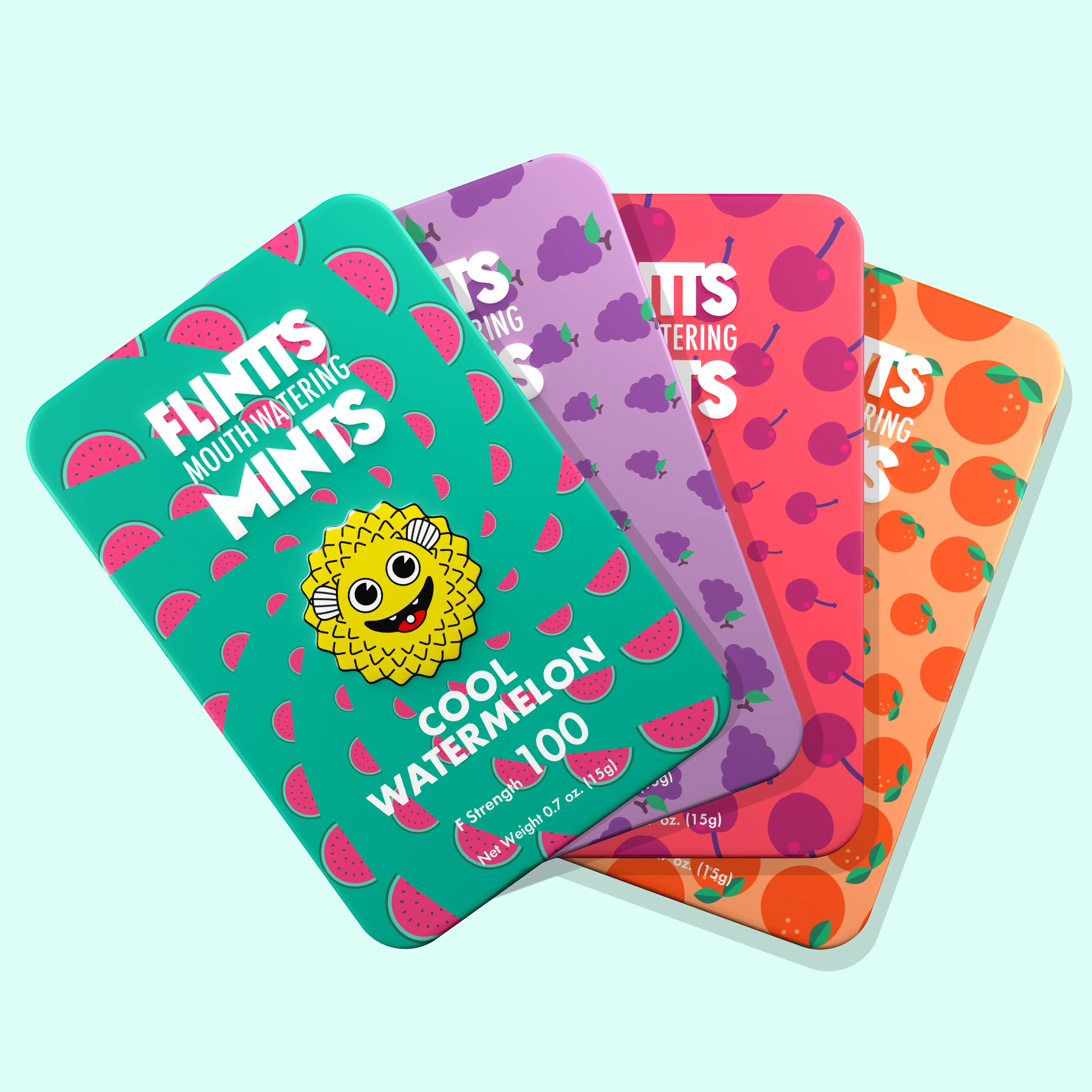 Flintts Mouth Watering Mints Mild Variety 4 Pack - Watermelon, Grape, Cherry, Tangerine - Natural Flavors, Sugar-Free & Vegan, Dry Mouth Mints