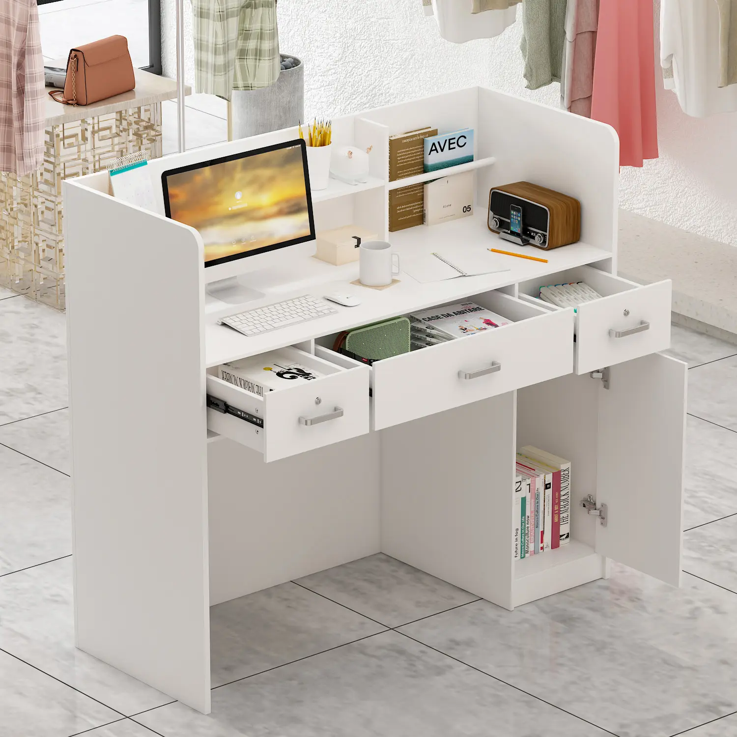 FUFU&GAGA Commercial Office Furniture Reception Desk Counter - Modern, Lockable Drawers, File Drawer, Wrap-Around Sides, Water-Scratch-Stain-Resistant Laminate, Storage, Assembly Required