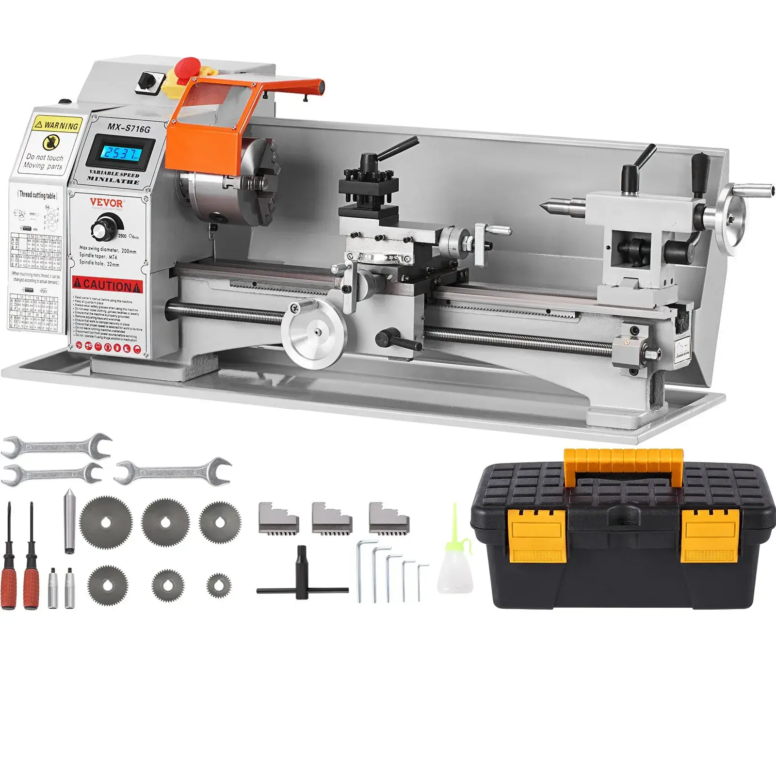 【Summerfinds】VEVOR 7"x16" Compact Cast Iron & Aluminum Alloy Desktop Metal Lathe, 800W Precision Power Tool with 150-2500 RPM Variable Speed Control, 3.9" 3-Jaw Chuck, Tool Box, Handwheels, Emergency Stop Switch for Detailed Part Crafting, Digital Display