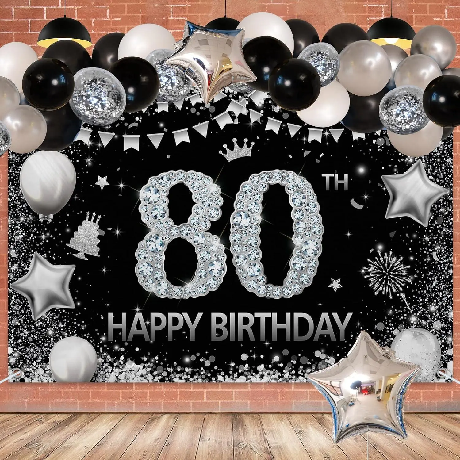 Happy 80Th Birthday Backdrop Banner Decor With Balloons Arch Kit Silver And Black - Glitter Cheers To 80 Years Old Birthday Party Theme Decorations For Men Women Supplies