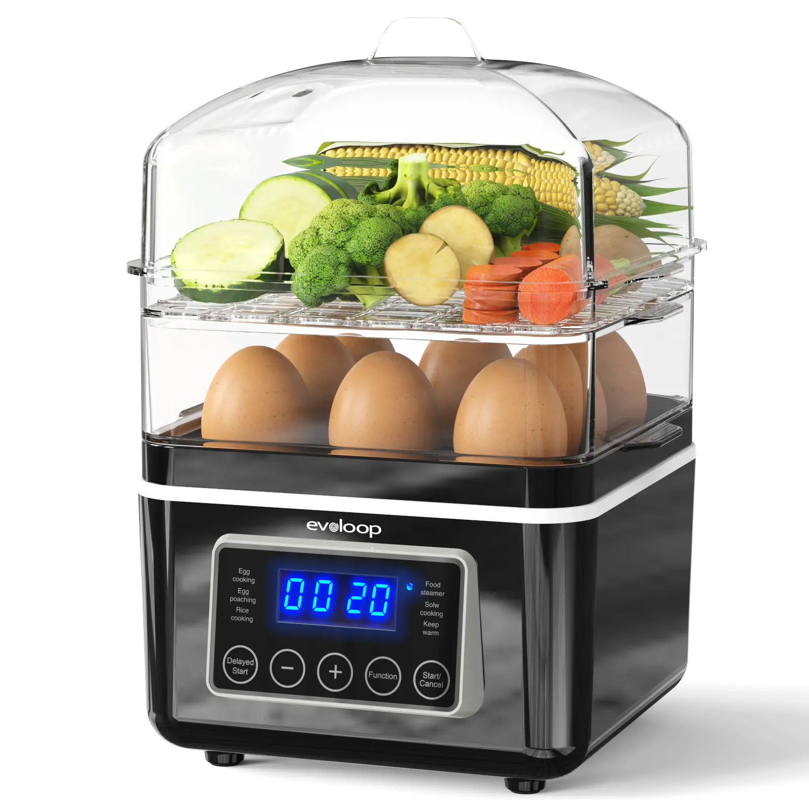 EVOLOOP 2 Tiers Electric Food Steamer for Cooking, 4 QT Digital Multi Vegetable Steamer with BPA-Free Stackable Baskets, Rapid Egg Cooker Egg Steamer with Auto Shut-Off, Ideal for Veggies, Rice,home essentials