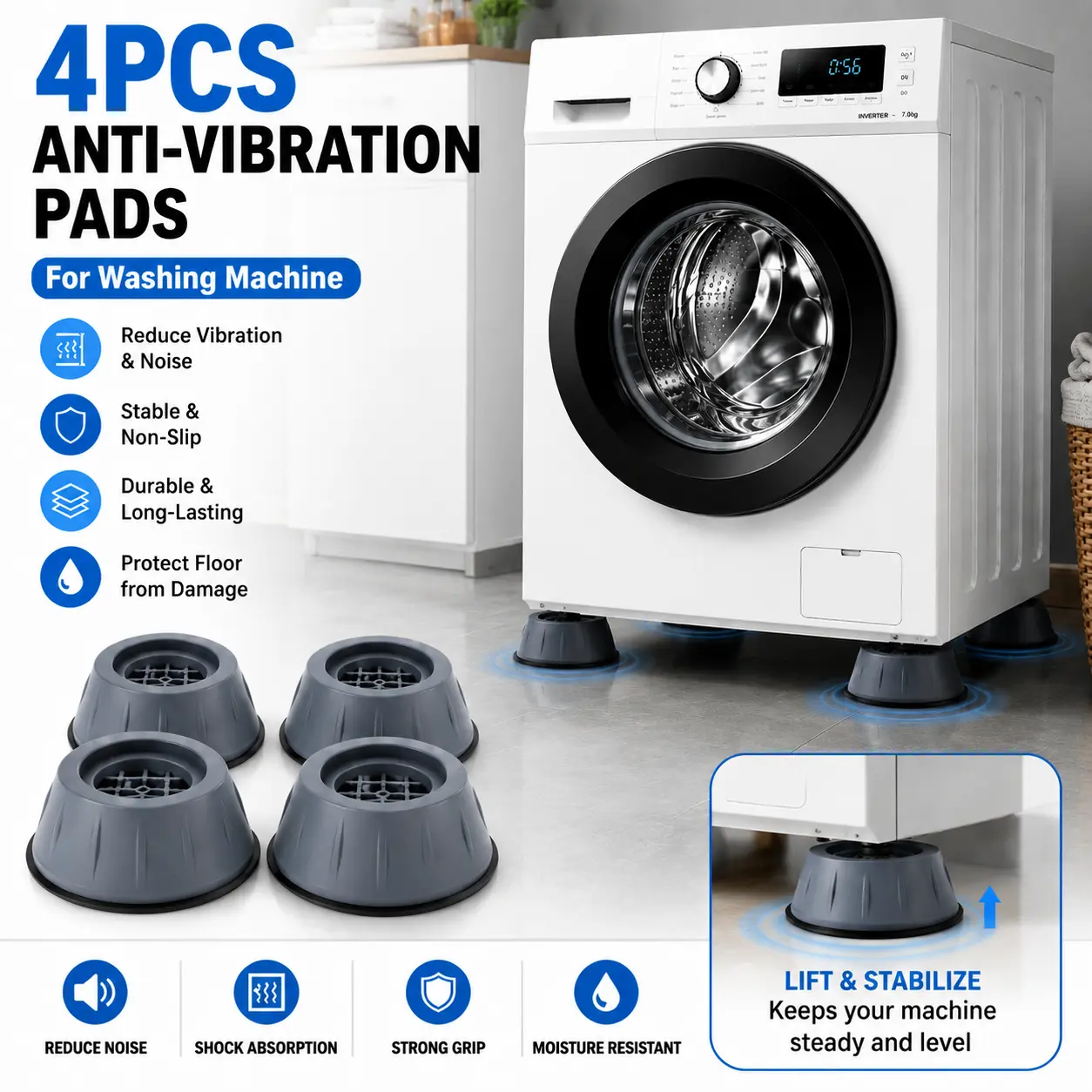 4PCS Washing Machine Anti Vibration Pads – Heavy Duty Shock Absorber Feet, Non-Slip Rubber Base, Noise Reduction & Anti-Skid Washer Stabilizer for Washer, Dryer, Furniture