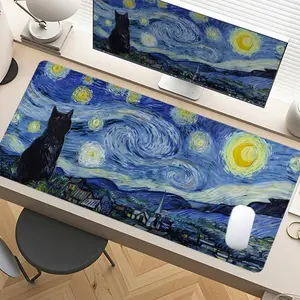 Starry Night with Cat Desk Pad Gaming Desk Accessory Gaming Mousepad XXL Mouse Pad for Laptop Desk Mouse Pad Extra Large with Non - Slip Rubber Base Stitched Edges Surface for PC Gamers Office Workers & Home Use