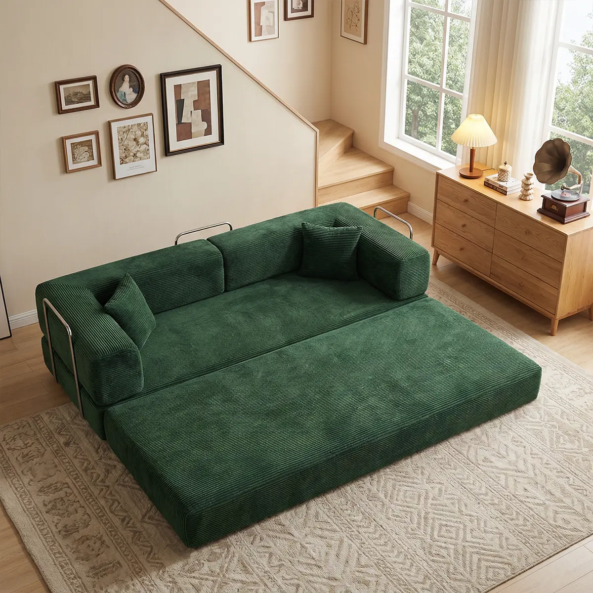 79" Corduroy Vintage Suede Convertible Sleeper Sofa Bed - Folding Compressible Mattress, Modular Fixed-Shape Frame, Adjustable Arms, Modern Cloud Loveseat, Cloud Couch, Multi-Purpose Futon, Living Room Apartment Furniture