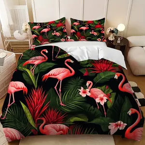 Bedding Set - 3pcs Black and Pink Flamingo Floral Design Down Comforter Set (1 comforter cover + 2 pillowcases, filling not included) A perfect gift for family and friends, soft and comfortable, suitable for family bedrooms and guest rooms.