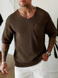 Men's Short Sleeve Pocket Knit Sweater, Casual Loose-Fitting, Breathable Mesh, Solid Color, Ideal for Daily Wear and Outdoor Activities