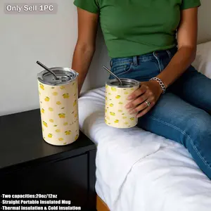 360ML-600ML Lemon Pattern Stainless Steel Insulated Cup, Dual Drinking Mouth, Straw, Lid Included, Ideal for Travel, Home, School, Work, Gifts