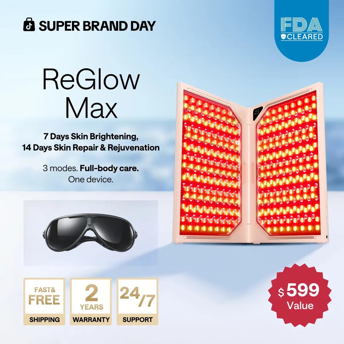 JMOON by Ulike Reglow Red Light Therapy for Face, Medical-Grade Anti-Aging with Red & Near-Infrared Light Therapy, Treats Acne with Blue & Red Light | 3 Modes, 1040 cm² Area, 464 LEDs, Foldable