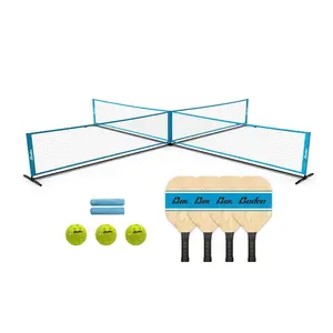 4 Square Pickleball Set -4 Wooden Paddles -3 Balls -Full Size Net
