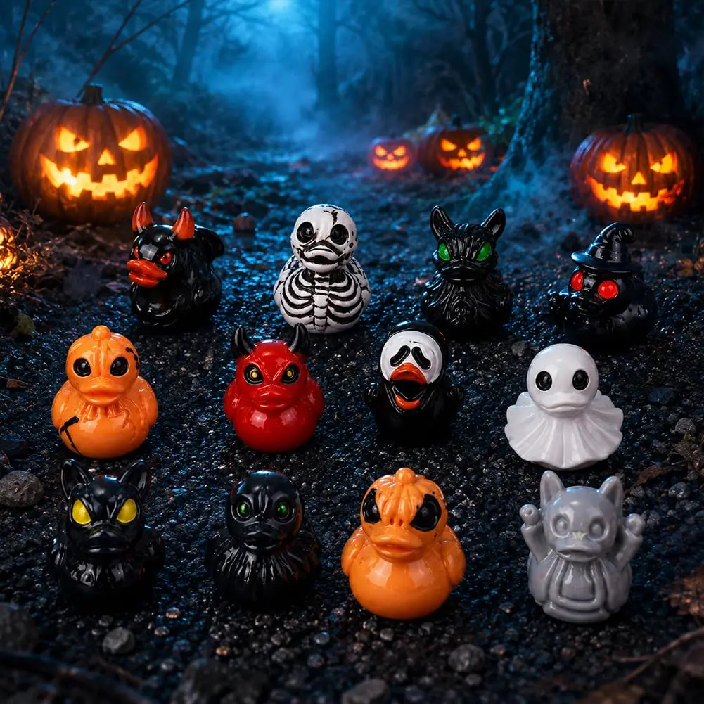 50pcs/100pcs Halloween Resin Ducks, Mini Spooky Devil Skull Duck Figurines Table Decor, Resin Halloween Ornaments for Scene Layout & Holiday Gifts (Kitchen Utility Cart, Home Use)