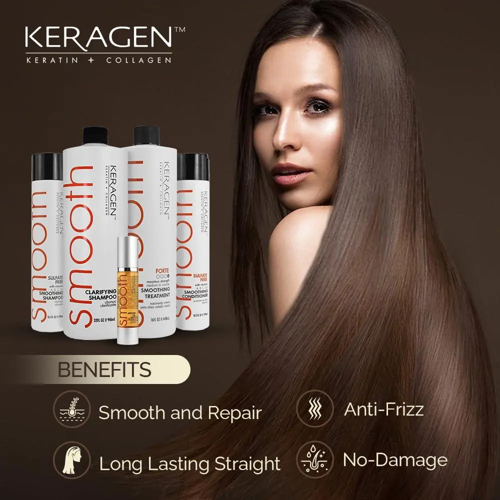KERAGEN Brazilian Keratin Treatment Kit with Collagen & Argan Oil - Sulfate-Free Salon Haircare System with Shampoo, Conditioner for Smoothing Frizz, Straight Silky Glass Hair, Restoring Damaged Locks, Taming Curls