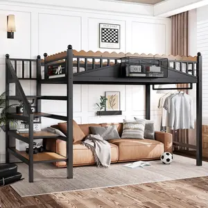 Full Size Loft Bed with Storage Stairs, Metal Loft Beds Frame with Storage Shelves and bookshelf, Loft Bed for Bedroom, Guest, Dorms, Black
