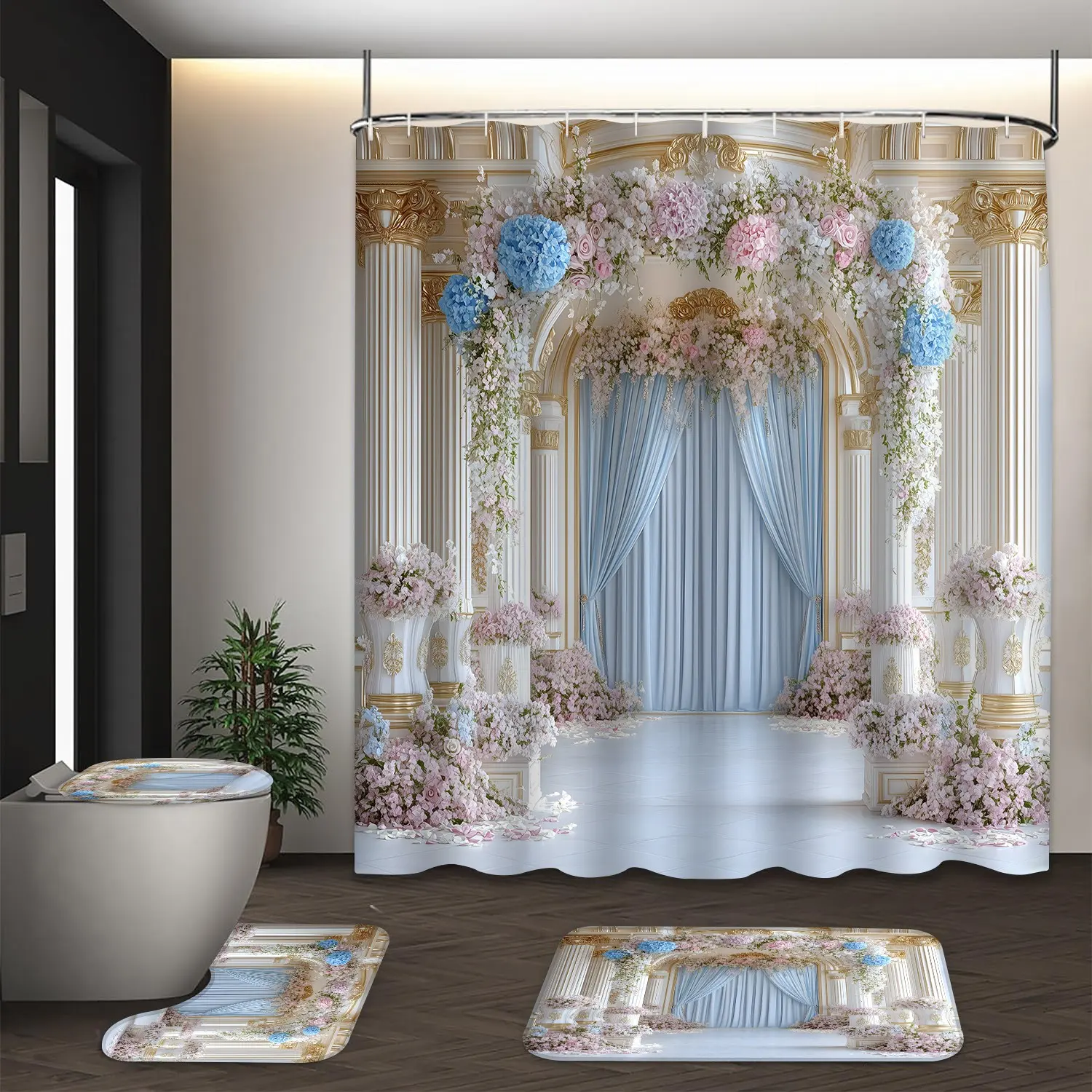 LVRLVR 4Pcs Luxury Floral Arch Palace Print Elegant Romantic Wedding Multi-Color Printed Decorative Shower Curtain Set Floral Shower Curtains For Bathroom Bathroom Decoration Accessories 70.8×70.8 Inch