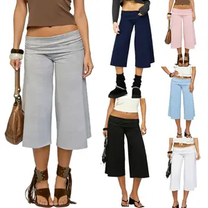 Fold Over Yoga Pants for Women Low Rise Straight Leg Sweatpants Y2k Solid Color Stretchy Loose Gym Lounge Leggings