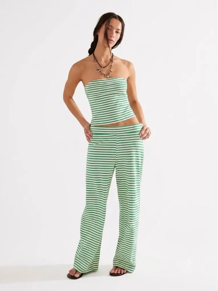 Women's 2-Piece Polyester Matching Clothes Set - Strapless Sleeveless Top, Contrast Color Below-The-Ankle Trousers, Striped Plaid, Collage Stitch, Hipster Street Style, Casual Outfit, Machine Washable