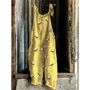[Bee Print |   Casual] Yellow Sleeveless Women's Casual Overalls |   Bee Print Jumpsuit with Pockets |   Polyester, Loose Fit