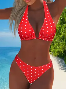 Women's Polka Dot Bikini Set, Lace-Up Triangle Top & Bottom Swimsuit, Triangle Cut, Sexy Beachwear for All Seasons, Wireless Design