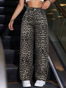 Jeanoix Damen Leoparden Muster Taschen Weite Bein Lässige Jeans Hose