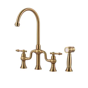 WOWOW Brass Double Handle High Arc Deck-Mounted Bridge Kitchen Faucet with Faucet Sprayer Attachment, Brushed Gold Finish, High Arc Faucet