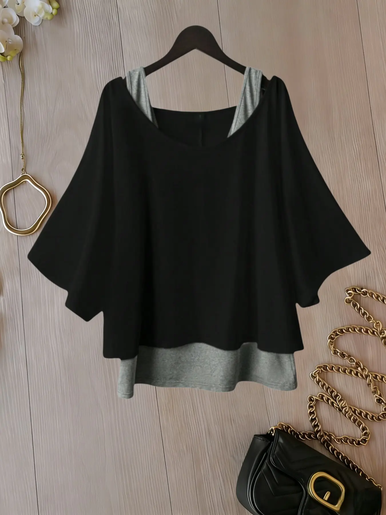 Fashionable Layered Two-Piece Set, Loose Fit Oversized Batwing Sleeve T-Shirt, Solid Color Inner Vest, Casual Lazy Style Top for Women, Chic, Everyday, Casual Daily Tops, Womenswear