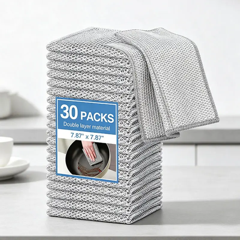 10-30 Pack Square Shape Steel Cleaning Towels, 2-Layer Non-Scratch Net Fiber Wire Dish Cloths for Washing Dishes, Streak-Free Wet & Dry Kitchen Cleaning Tools